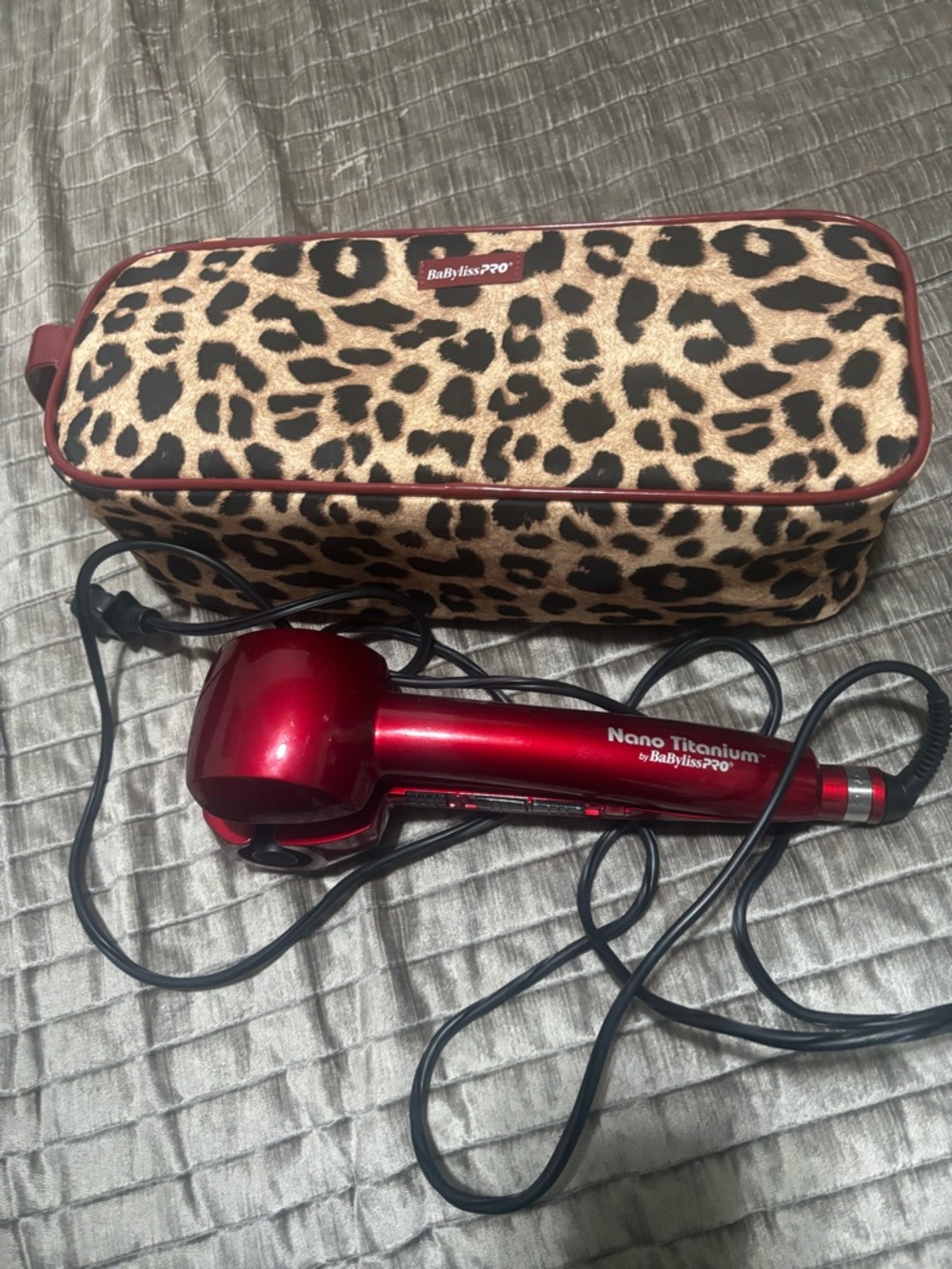 BaBylissPRO Nano Titanium Red Automatic Curler with Leopard Travel Case